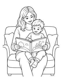 A sweet mom and son coloring page showing a mother reading a fairy tale book on an armchair.