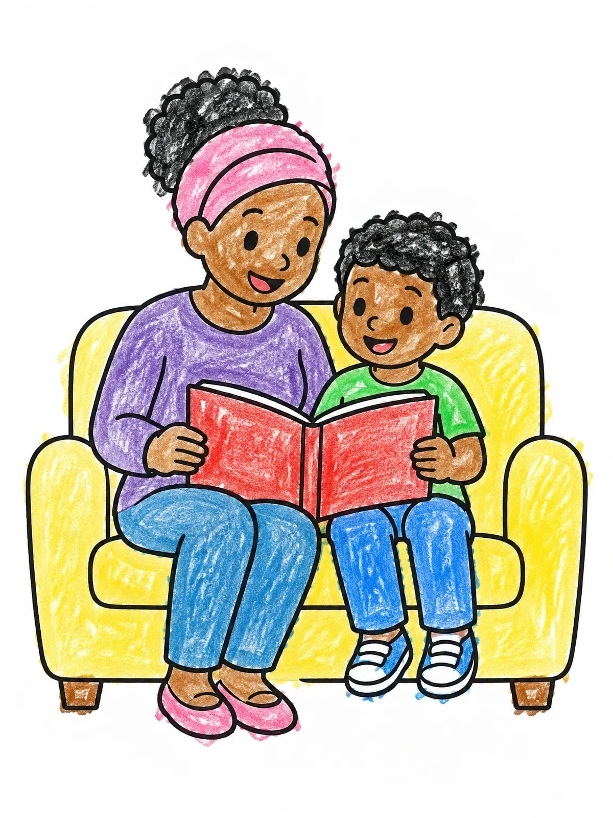 Colored example of the Mother And Son Reading On Sofa coloring page