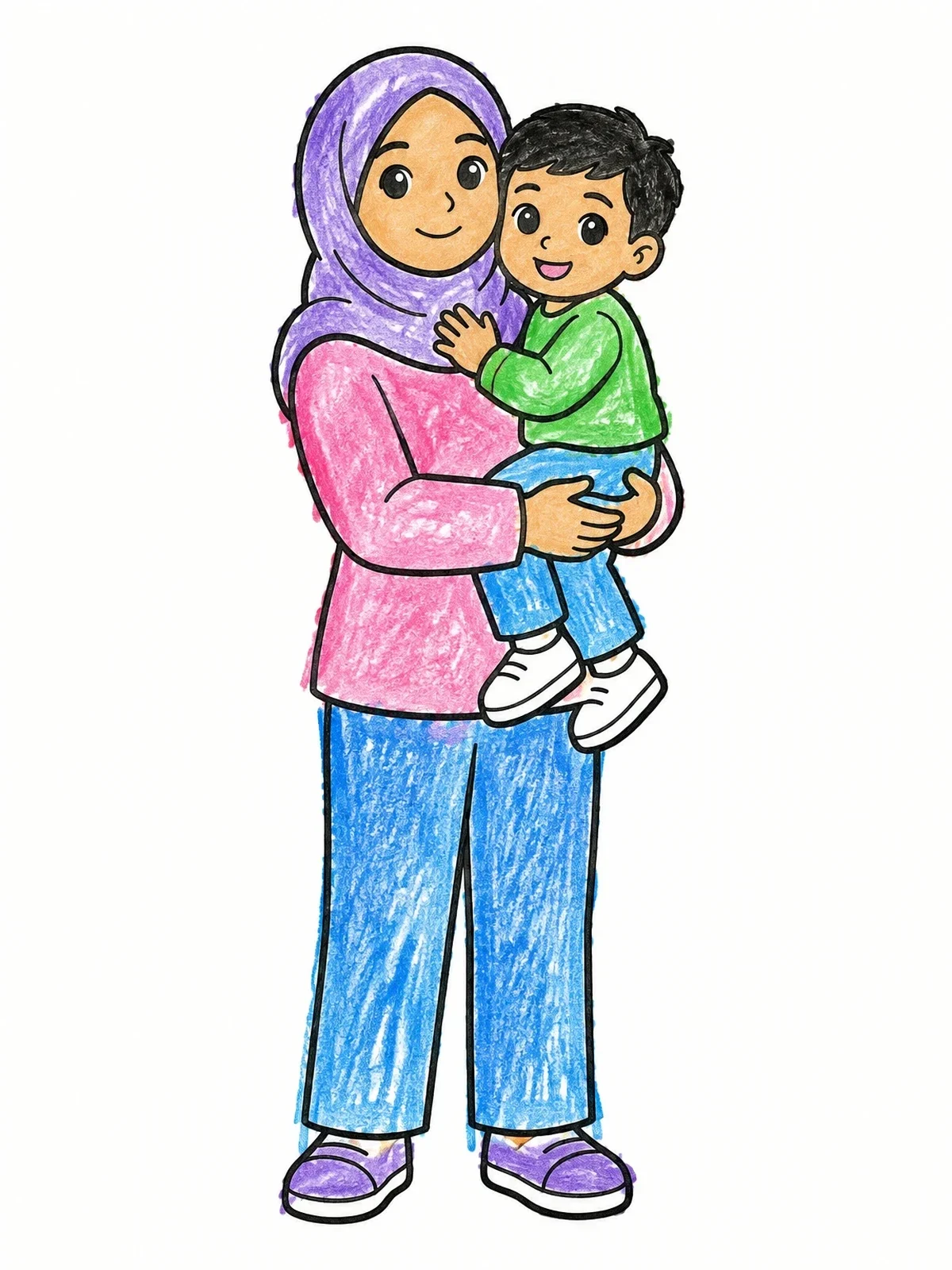 Colored example of the Mother Holding Her Little Boy coloring page