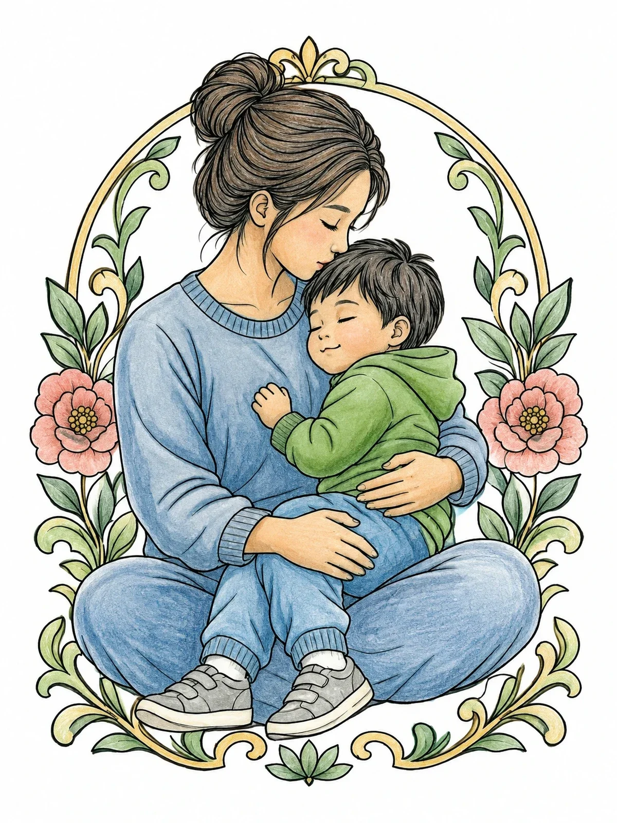 Colored example of the Mother Kissing Her Sleeping Toddler coloring page