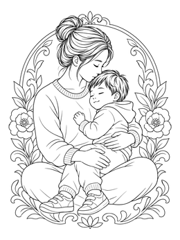 A gentle mom and son coloring page showing a mother kissing her sleeping child inside a floral frame.