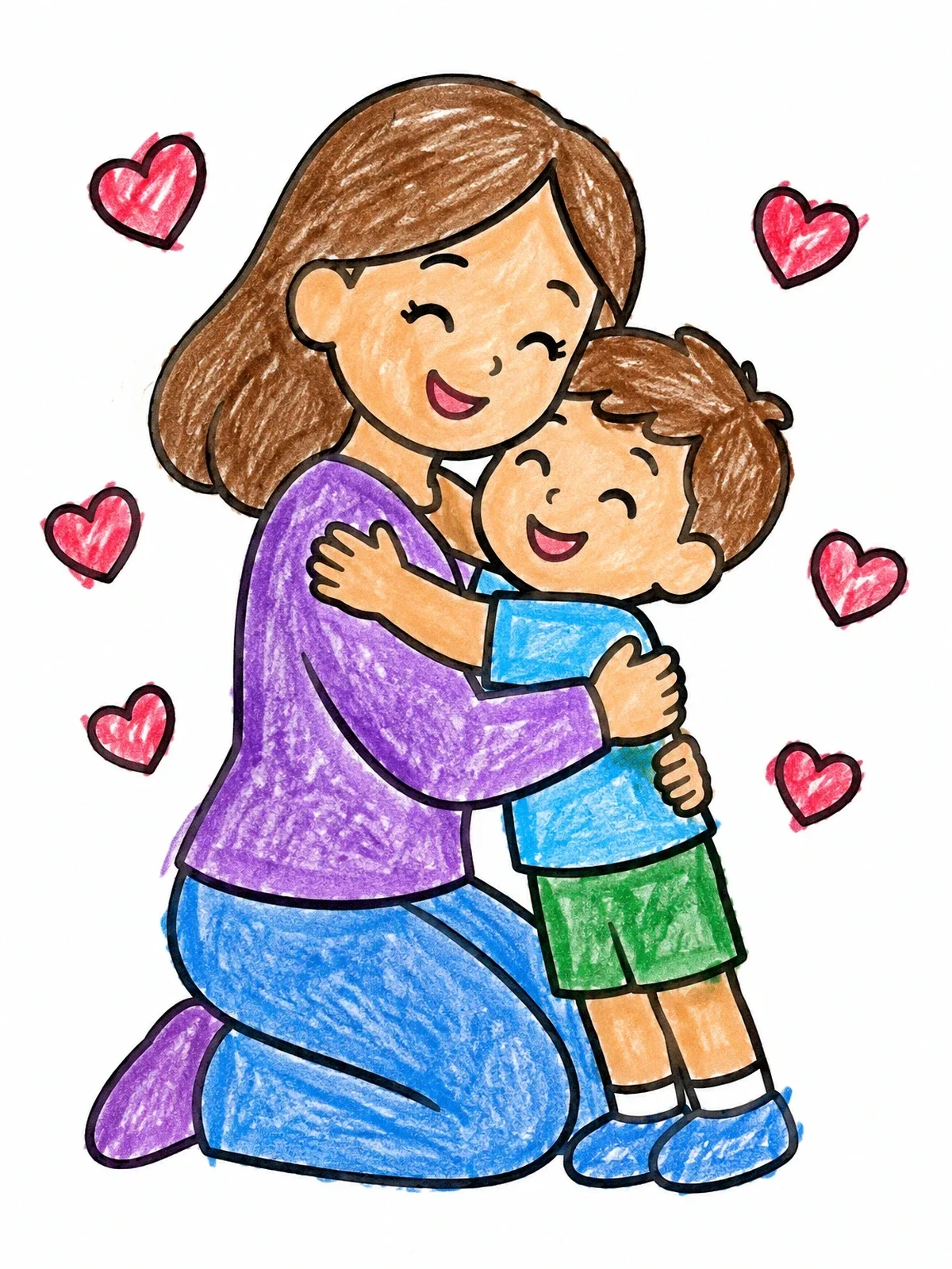 Colored example of the Mother Kneeling Hugging Her Son coloring page