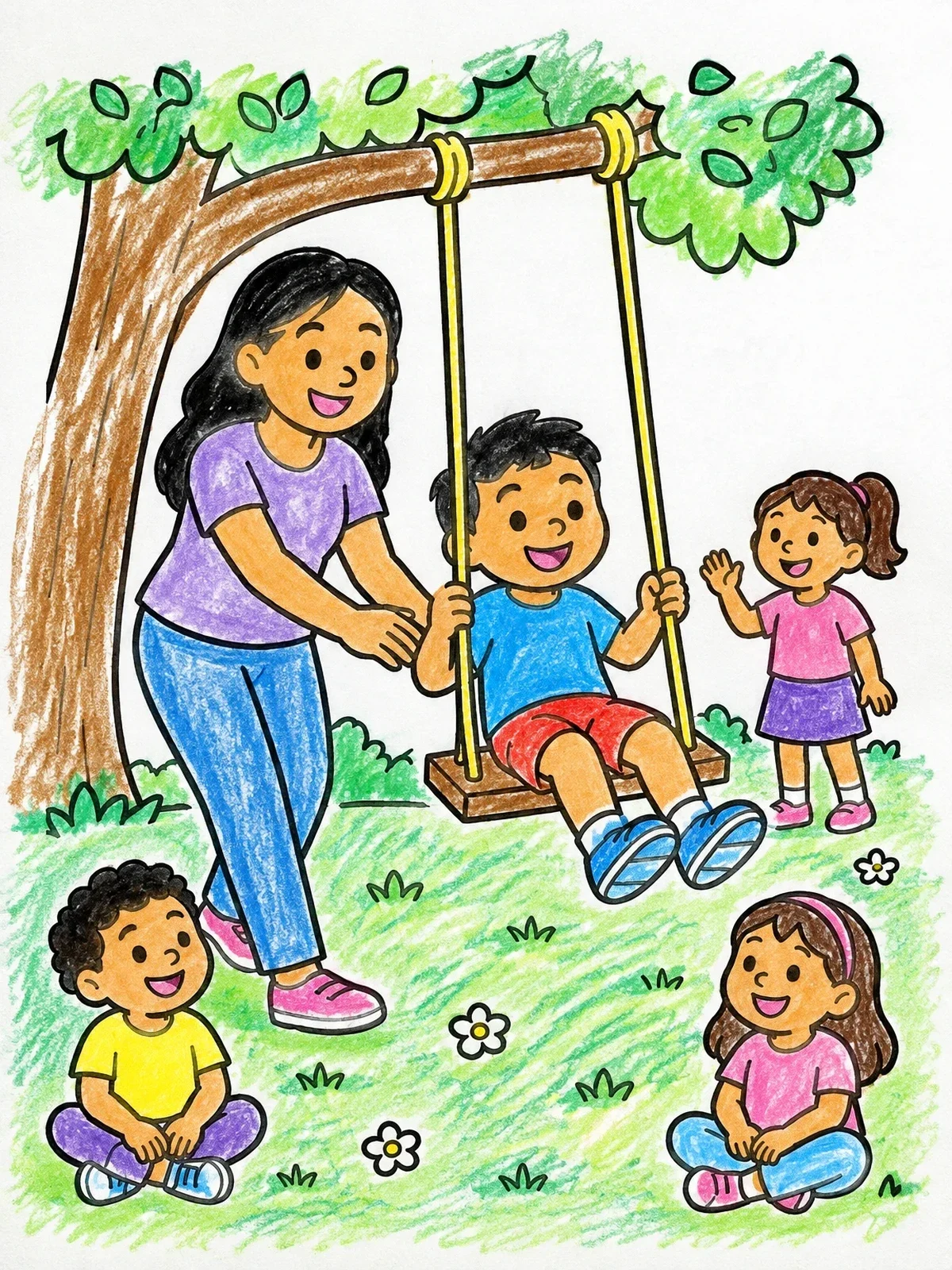 Colored example of the Mother Pushing Boy On Swing coloring page