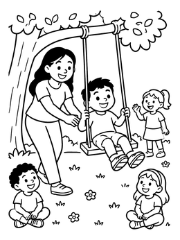 Free printable Mother Pushing Boy On Swing coloring page