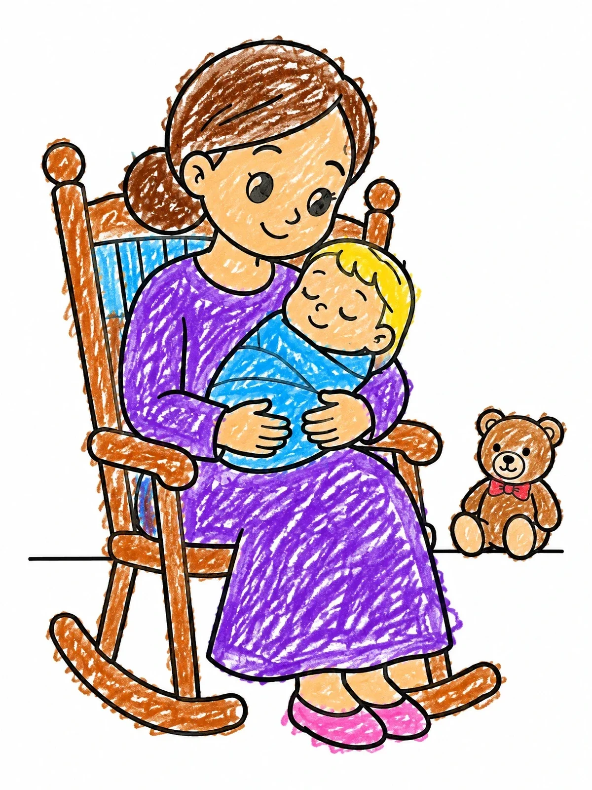 Colored example of the Mother Rocking Baby In Chair coloring page