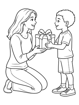A sweet mom and son coloring page showing a boy handing a wrapped present to his kneeling mother.