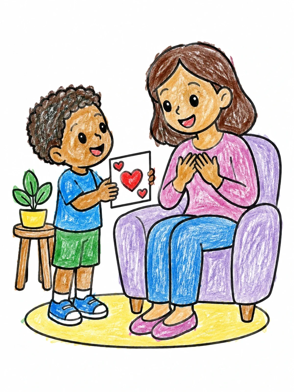 Colored example of the Son Giving Mother A Heart Card coloring page