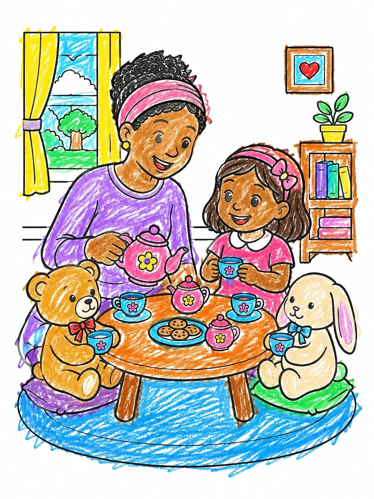 Colored example of the Cozy Pretend Tea Party coloring page