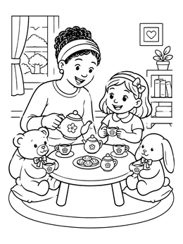 Free printable Cozy Pretend Tea Party coloring page