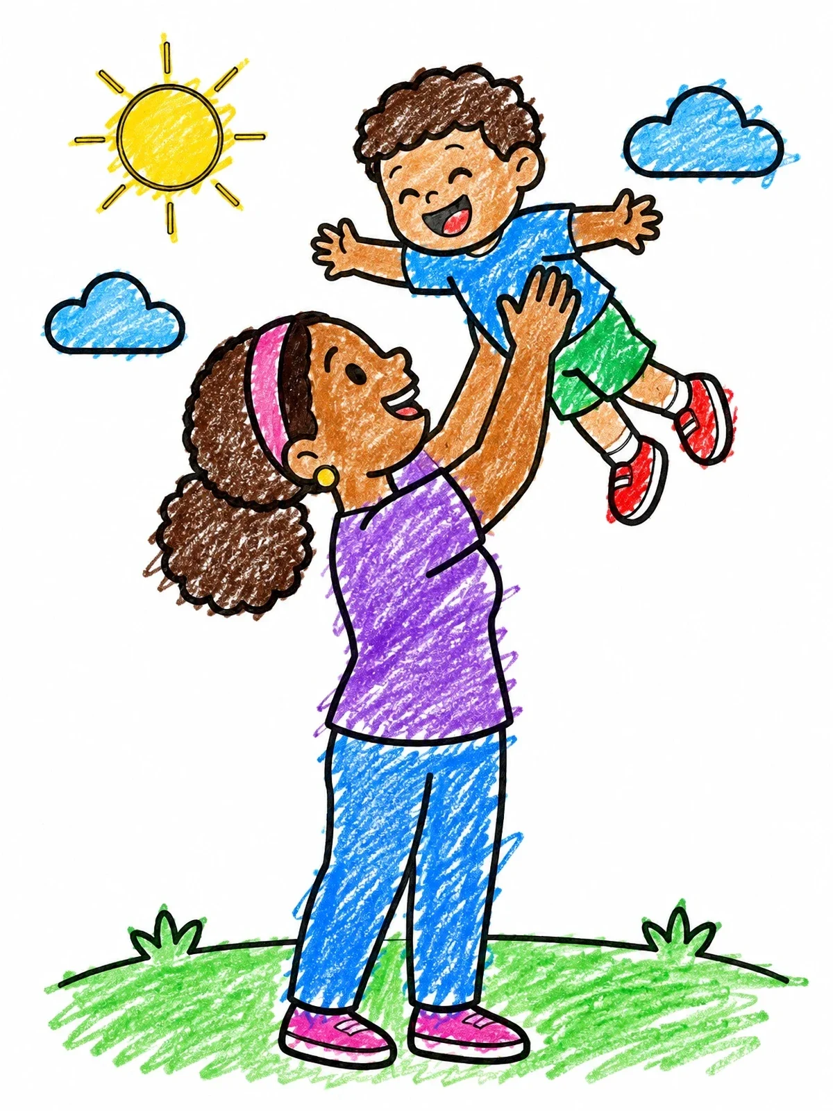 Colored example of the Mom Lifting Son Outdoors coloring page