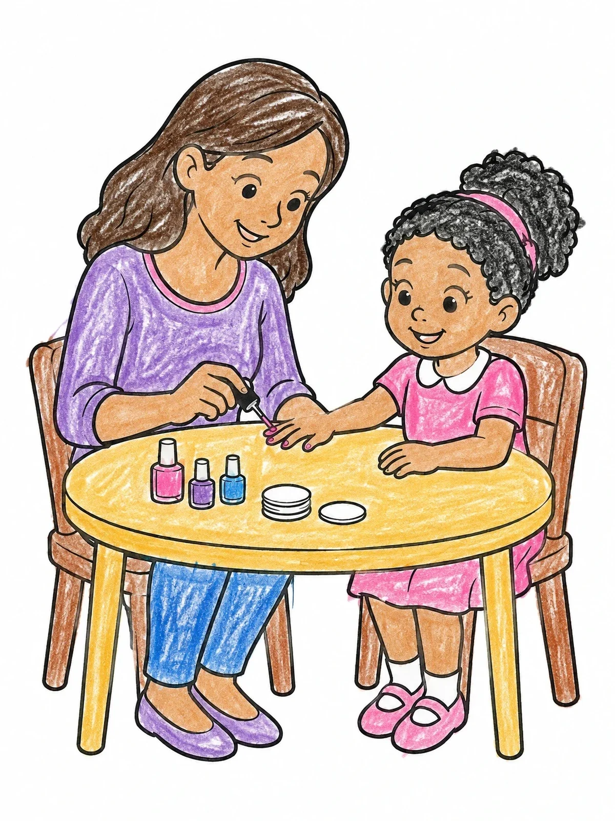 Colored example of the Mom Painting Nails For Her Daughter coloring page