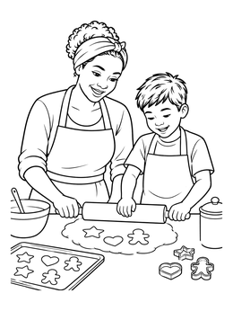 A cheerful mom and son coloring page showing them rolling dough and cutting cookie shapes.