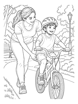 A smiling mother guides her son learning to cycle on a park path in this mom and son coloring page.