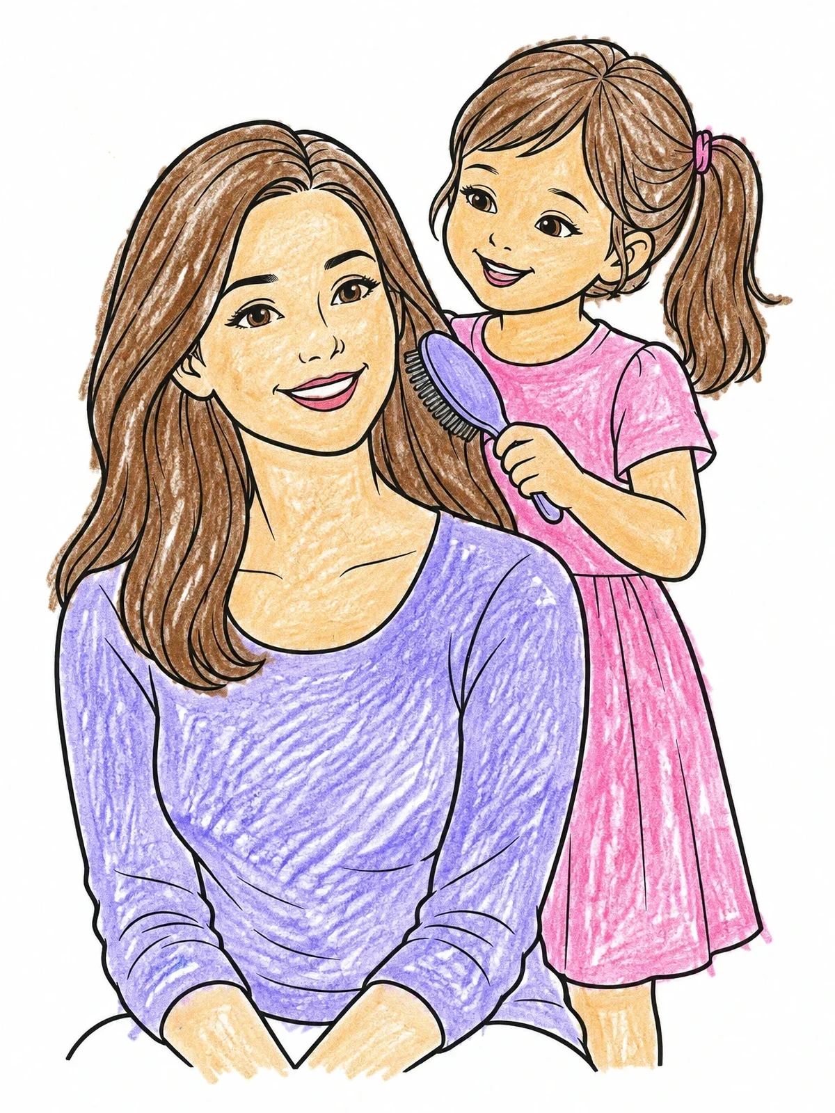 Colored example of the Daughter Brushing Her Mother's Hair coloring page