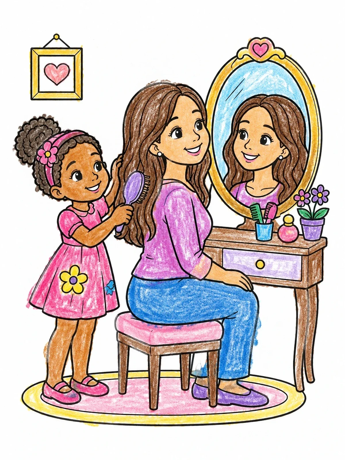 Colored example of the Daughter Brushing Her Mother's Hair coloring page