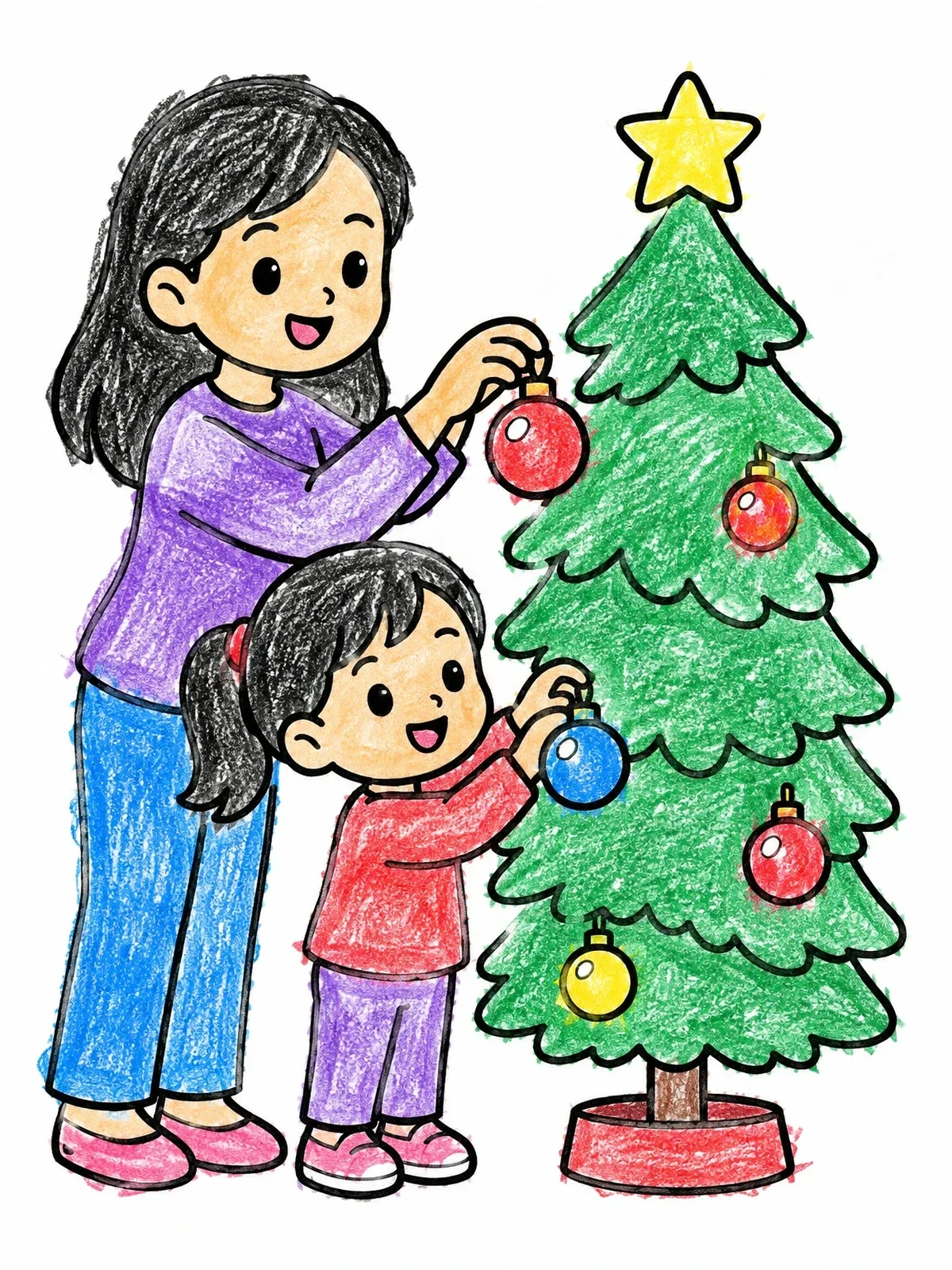 Colored example of the Decorating The Christmas Tree Together coloring page