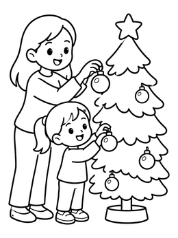 Free printable Decorating The Christmas Tree Together coloring page