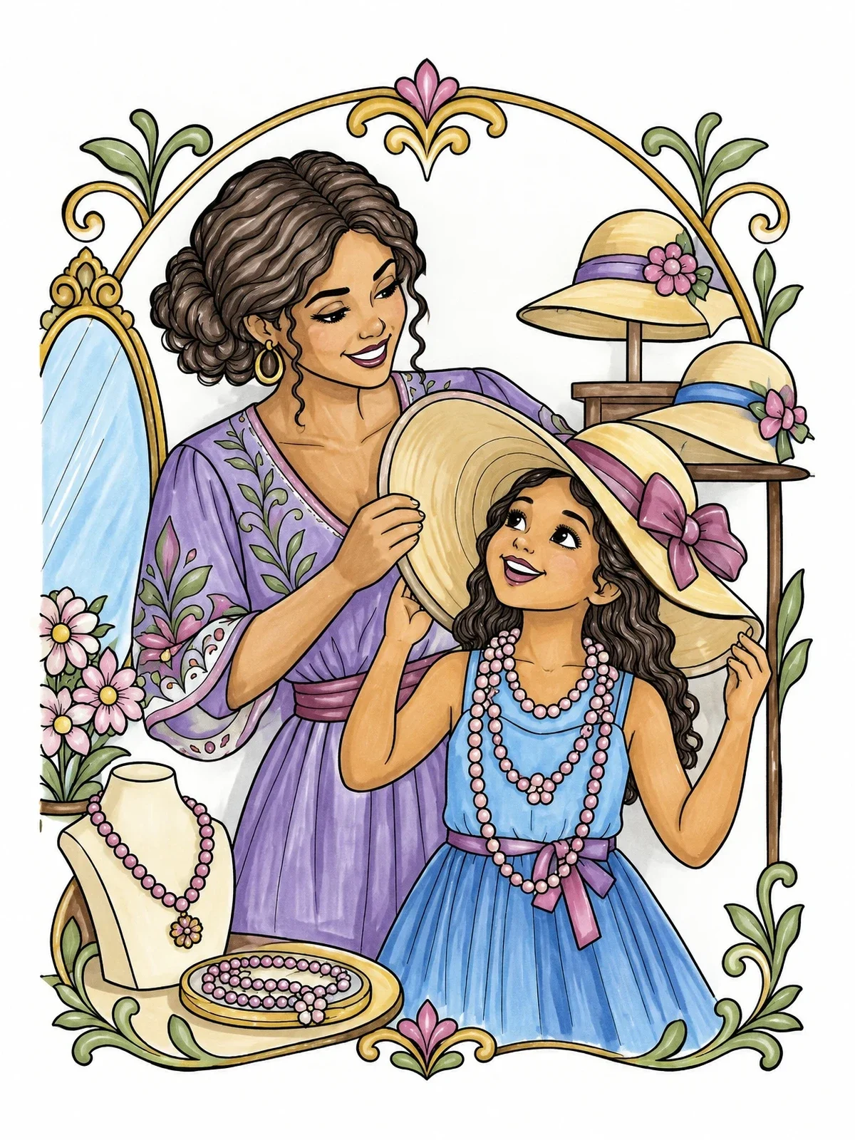 Colored example of the Mother And Daughter Trying On Hats coloring page