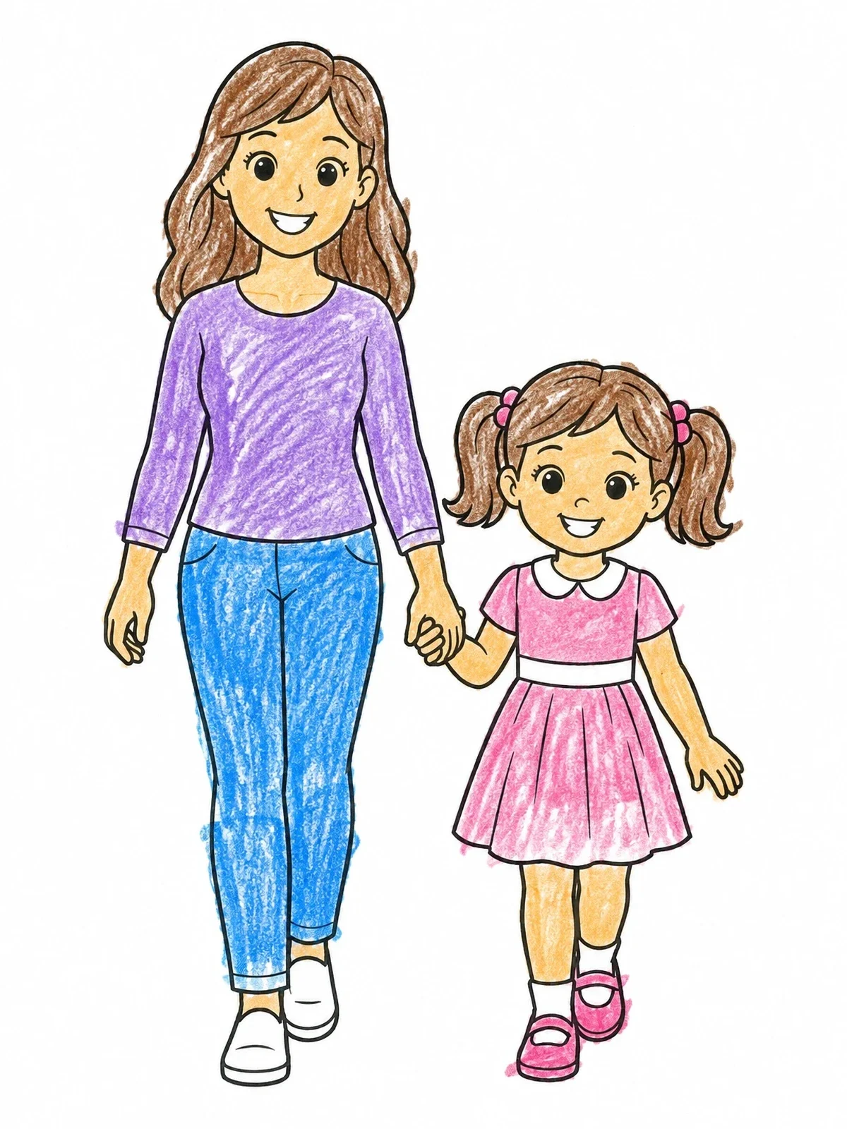 Colored example of the Mother And Daughter Walking Together coloring page