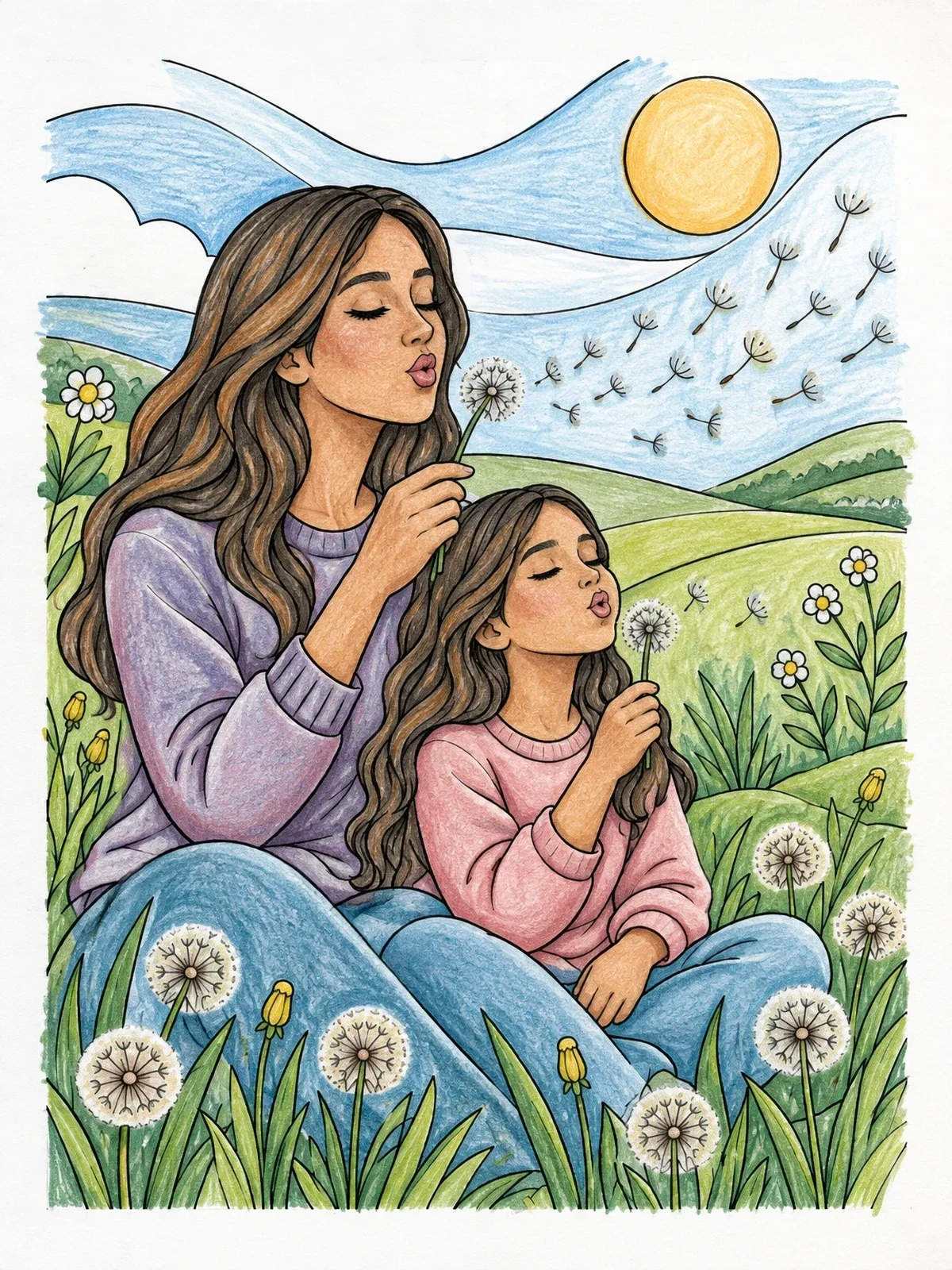 Colored example of the Mother And Daughter Blowing Dandelions coloring page
