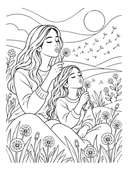 Free printable Mother And Daughter Blowing Dandelions coloring page