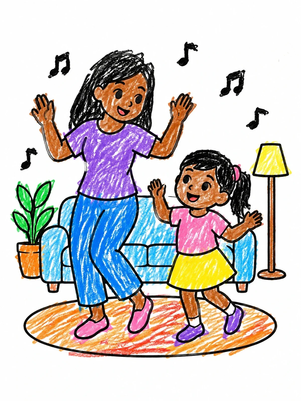 Colored example of the Mother And Daughter Dancing Joyfully coloring page