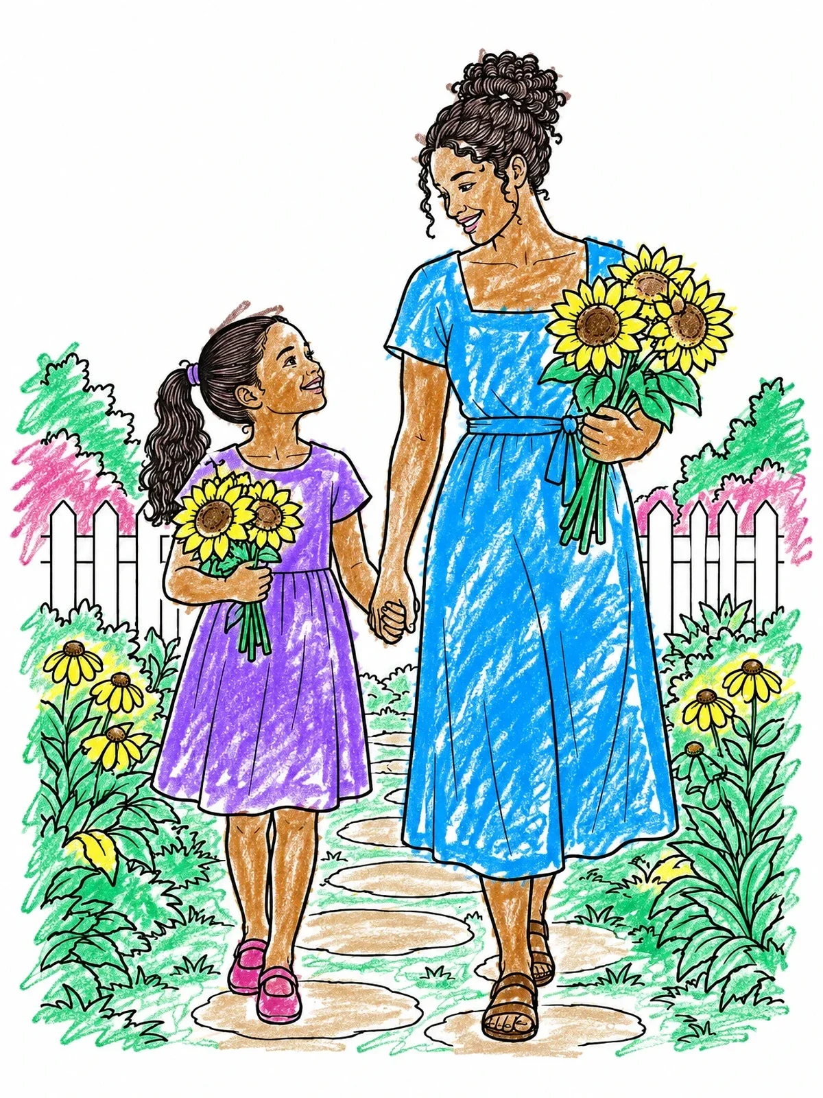 Colored example of the Mother And Daughter With Sunflowers coloring page