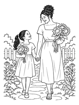 Free printable Mother And Daughter With Sunflowers coloring page