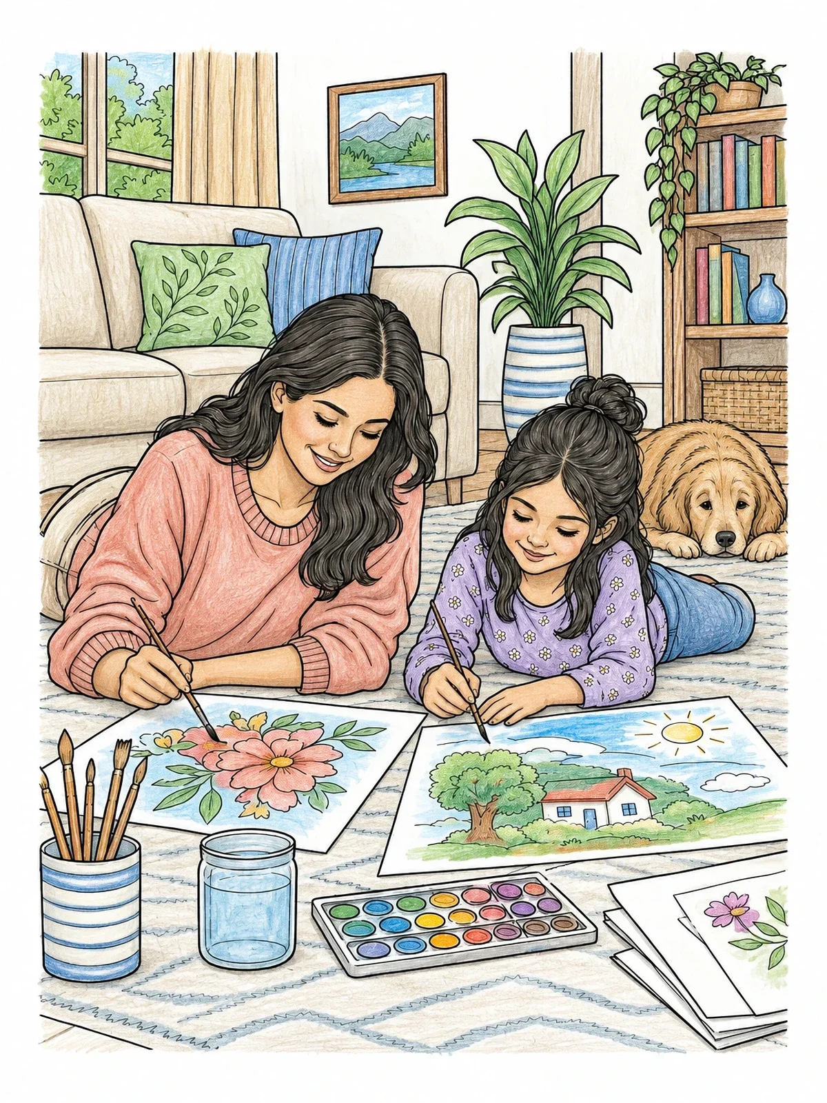 Colored example of the Mother And Daughter Painting On The Floor coloring page