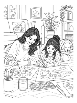 Free printable Mother And Daughter Painting On The Floor coloring page