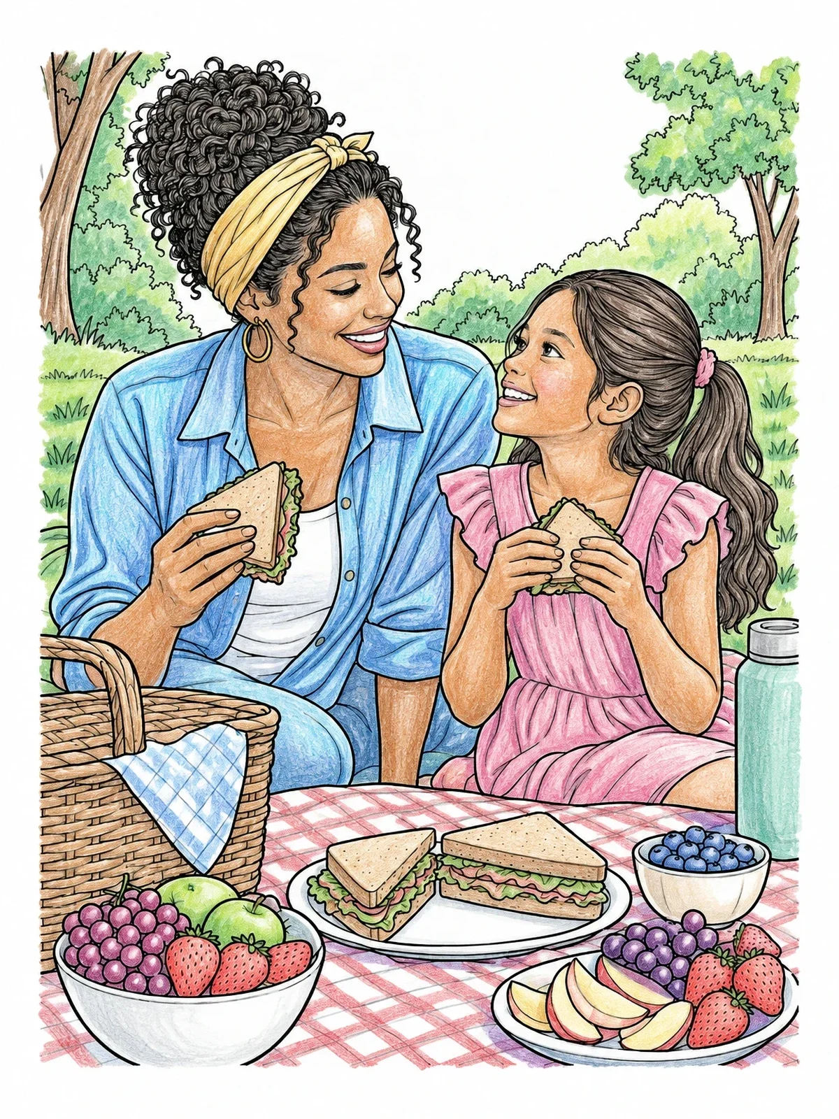 Colored example of the Mother And Daughter Park Picnic coloring page
