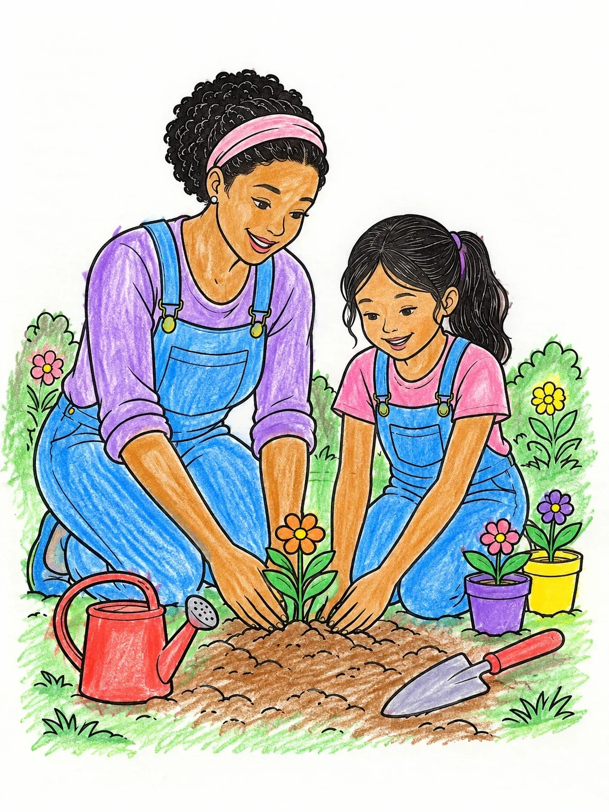 Colored example of the Mother And Daughter Gardening Together coloring page