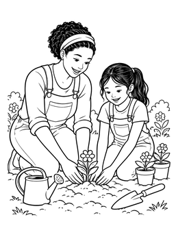 Free printable Mother And Daughter Gardening Together coloring page