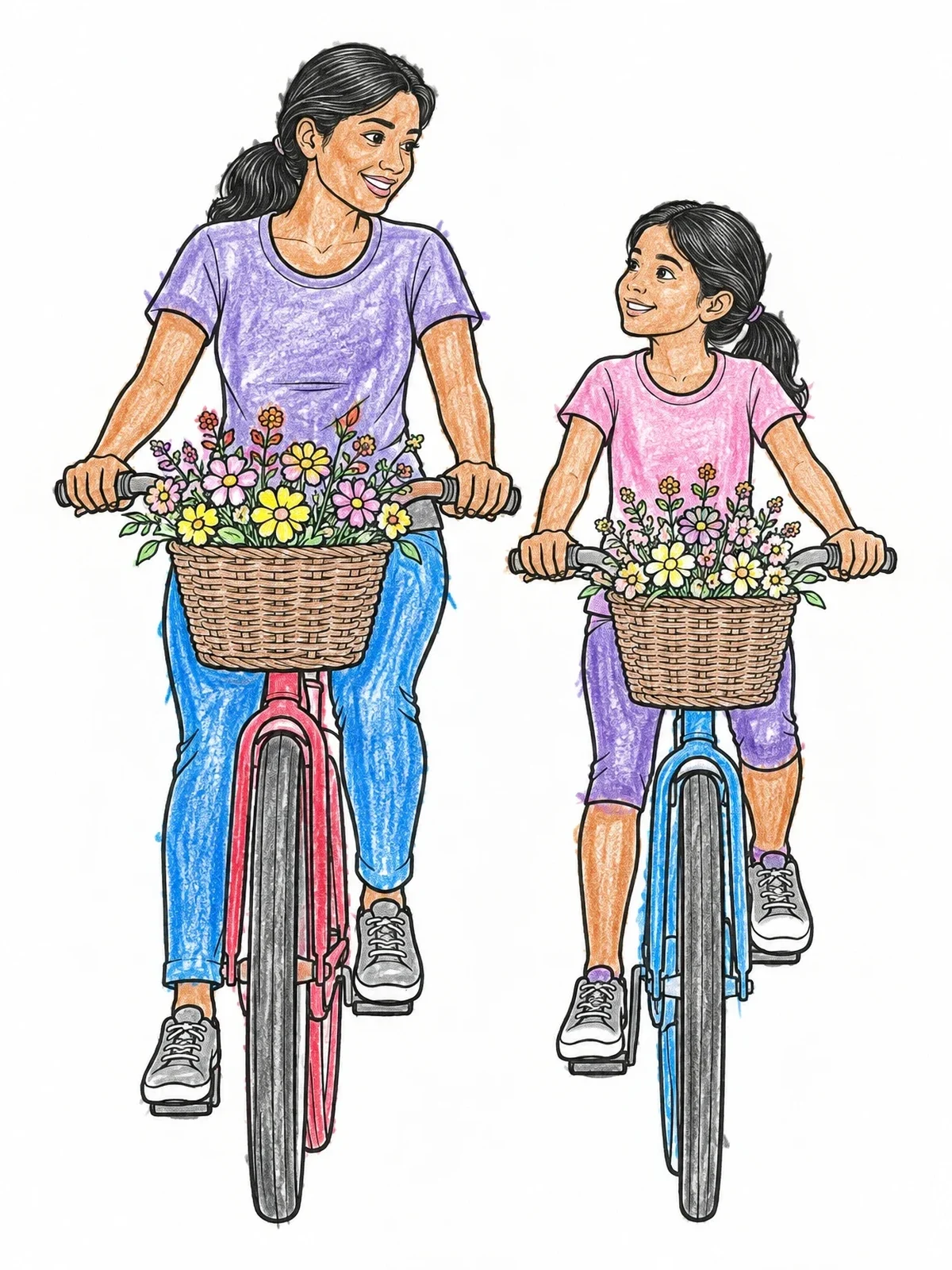 Colored example of the Mother And Daughter Riding Bicycles coloring page