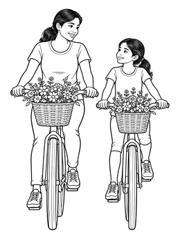 Free printable Mother And Daughter Riding Bicycles coloring page