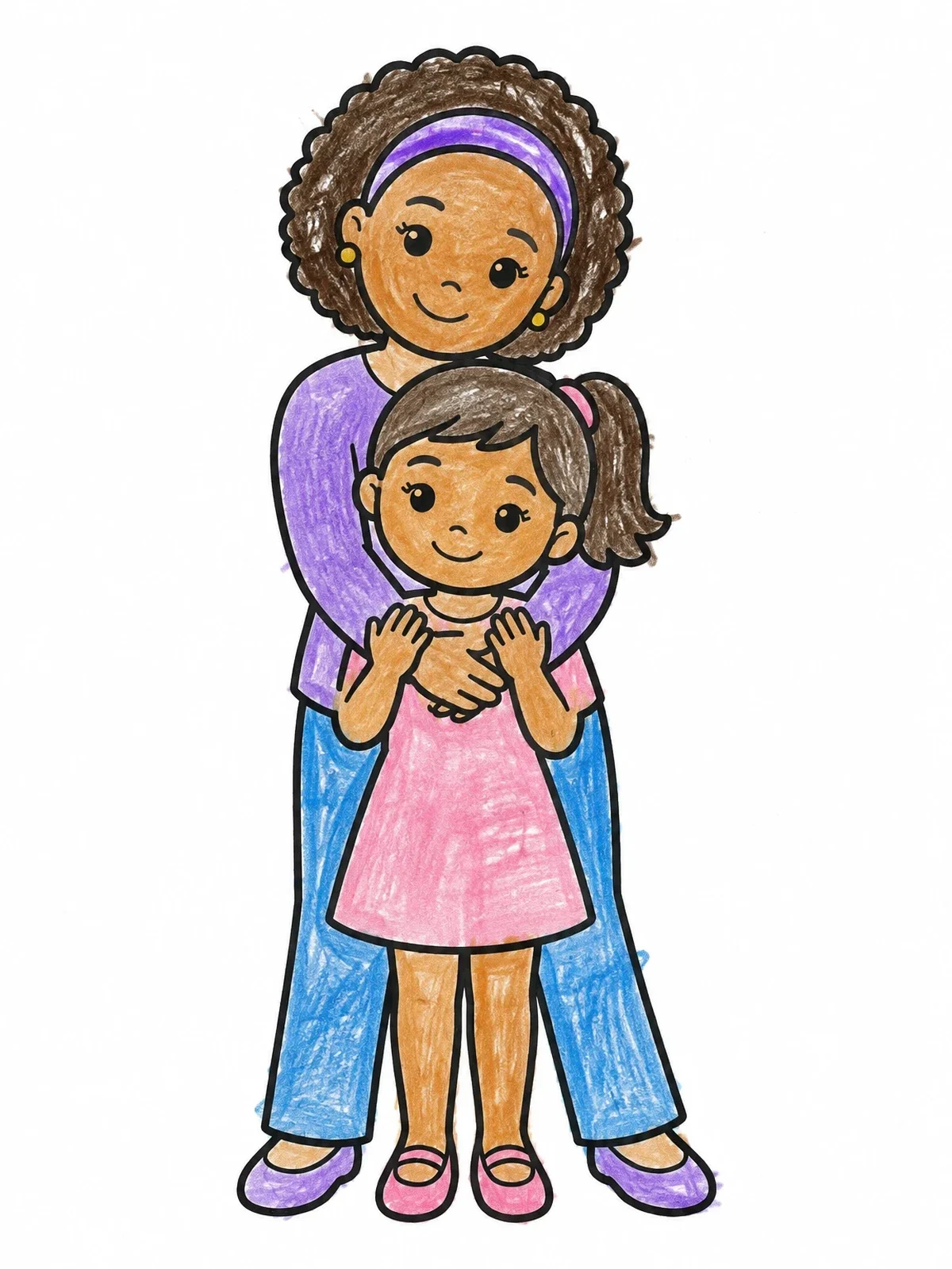 Colored example of the Mother Hugging Daughter From Behind coloring page