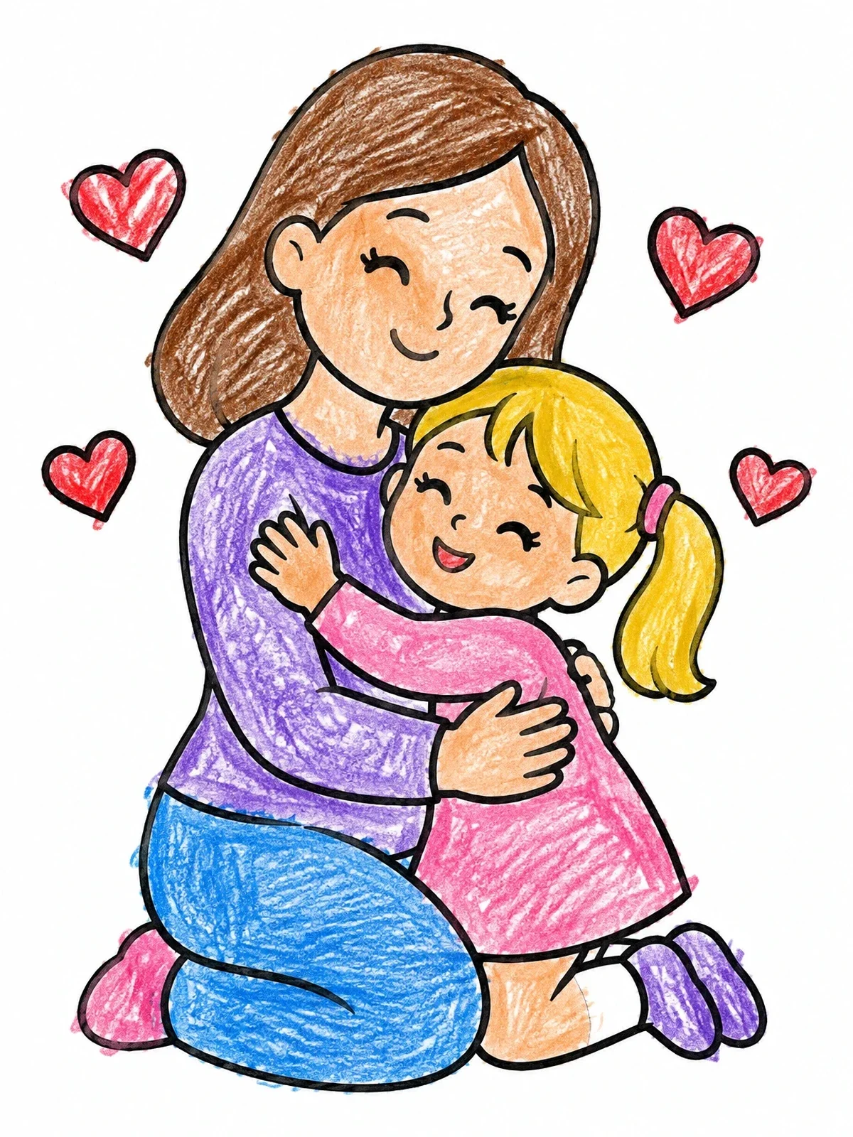 Colored example of the Loving Mother Hugging Her Smiling Daughter coloring page