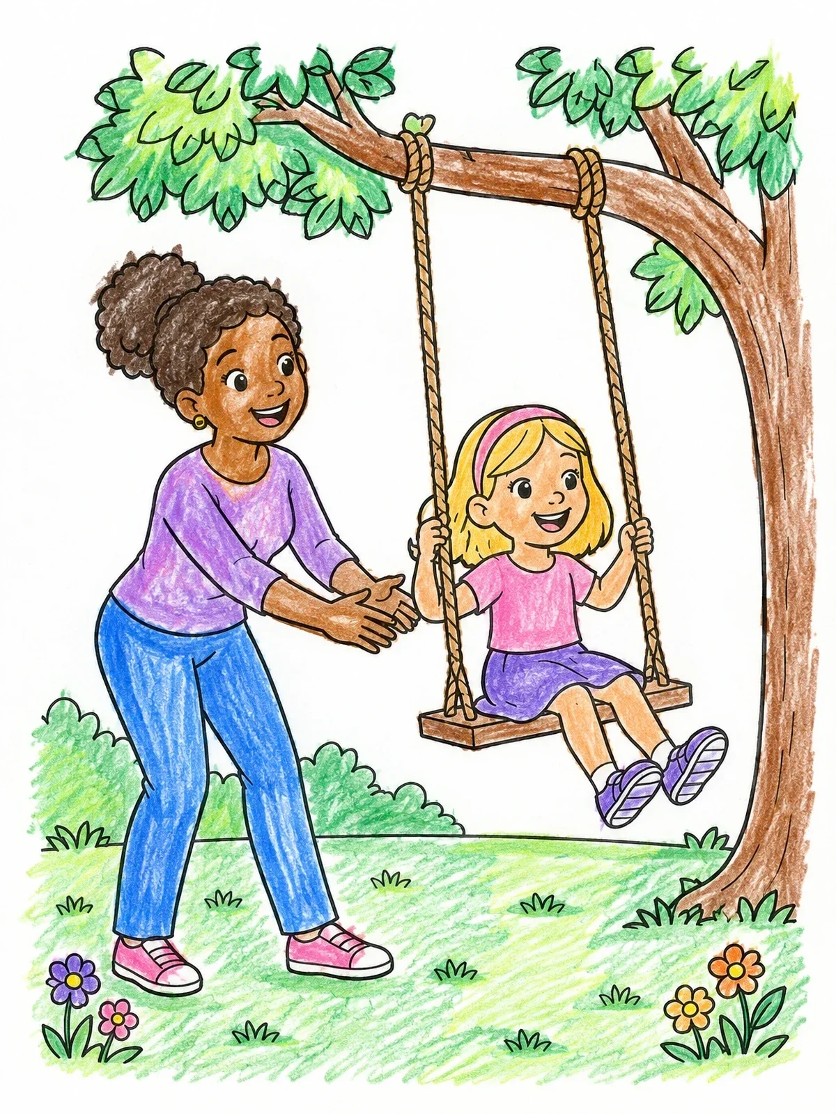 Colored example of the Mother Pushing Daughter On A Swing coloring page