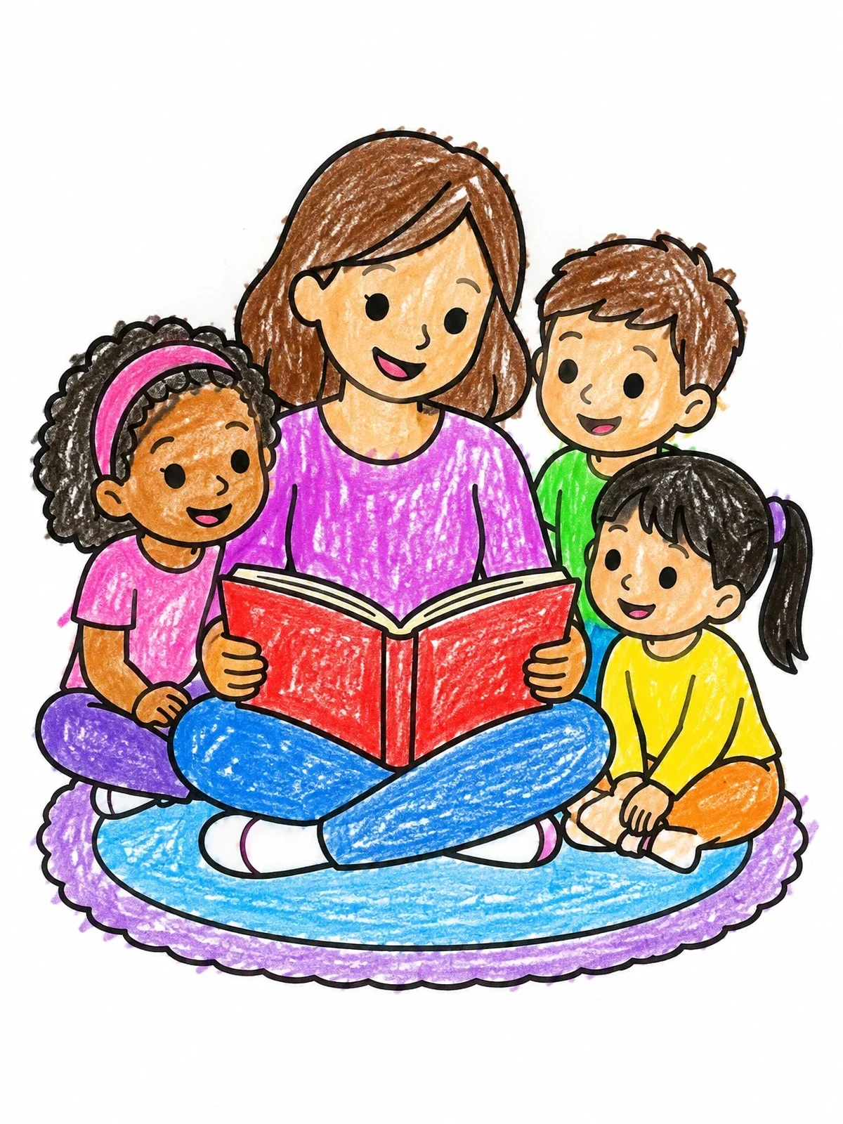 Colored example of the Mother Reading Story To Her Children coloring page