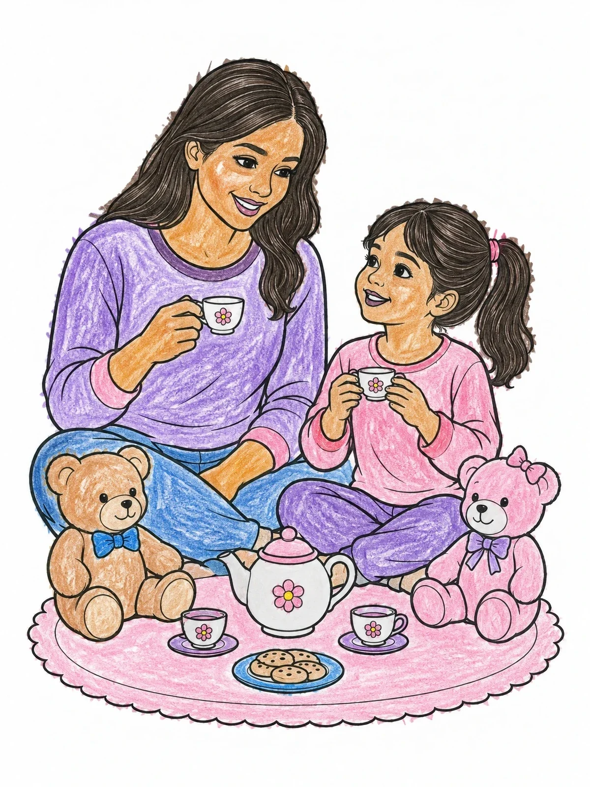 Colored example of the Pretend Tea Party With Teddy Bears coloring page