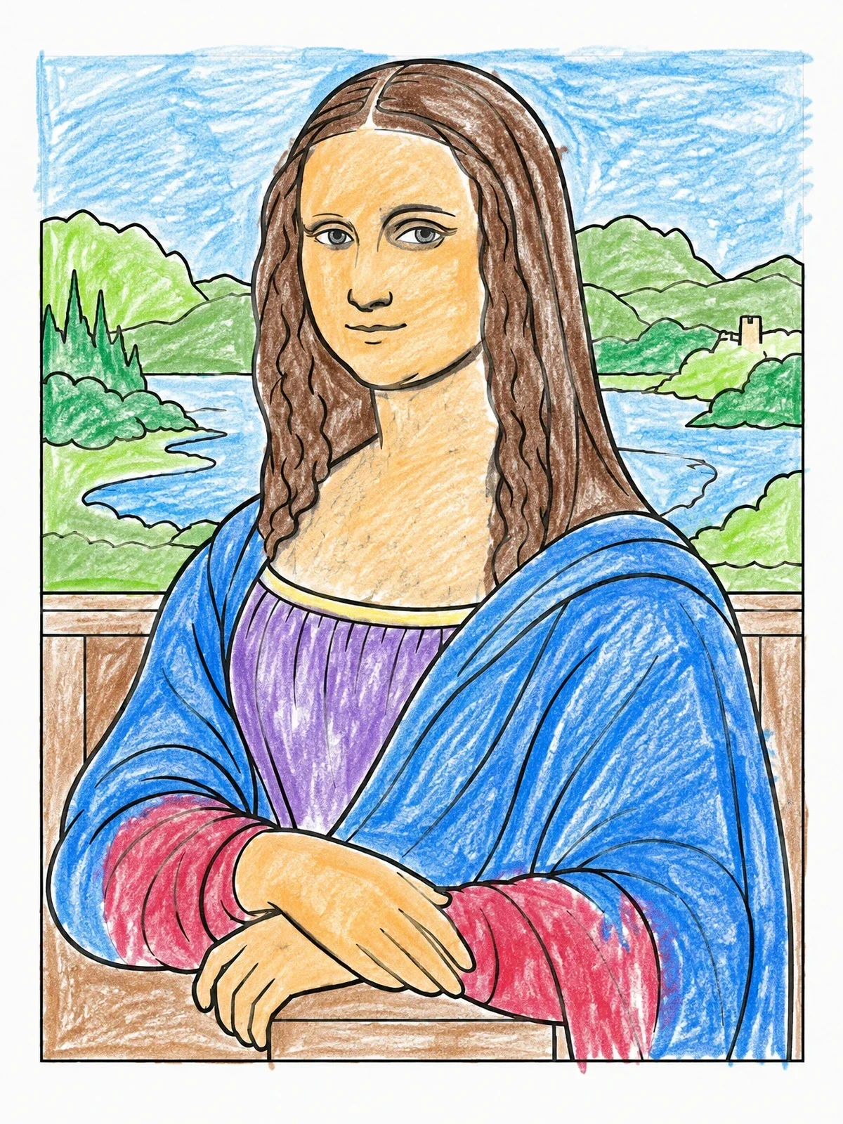 Colored example of the Mona Lisa Portrait Line Art coloring page