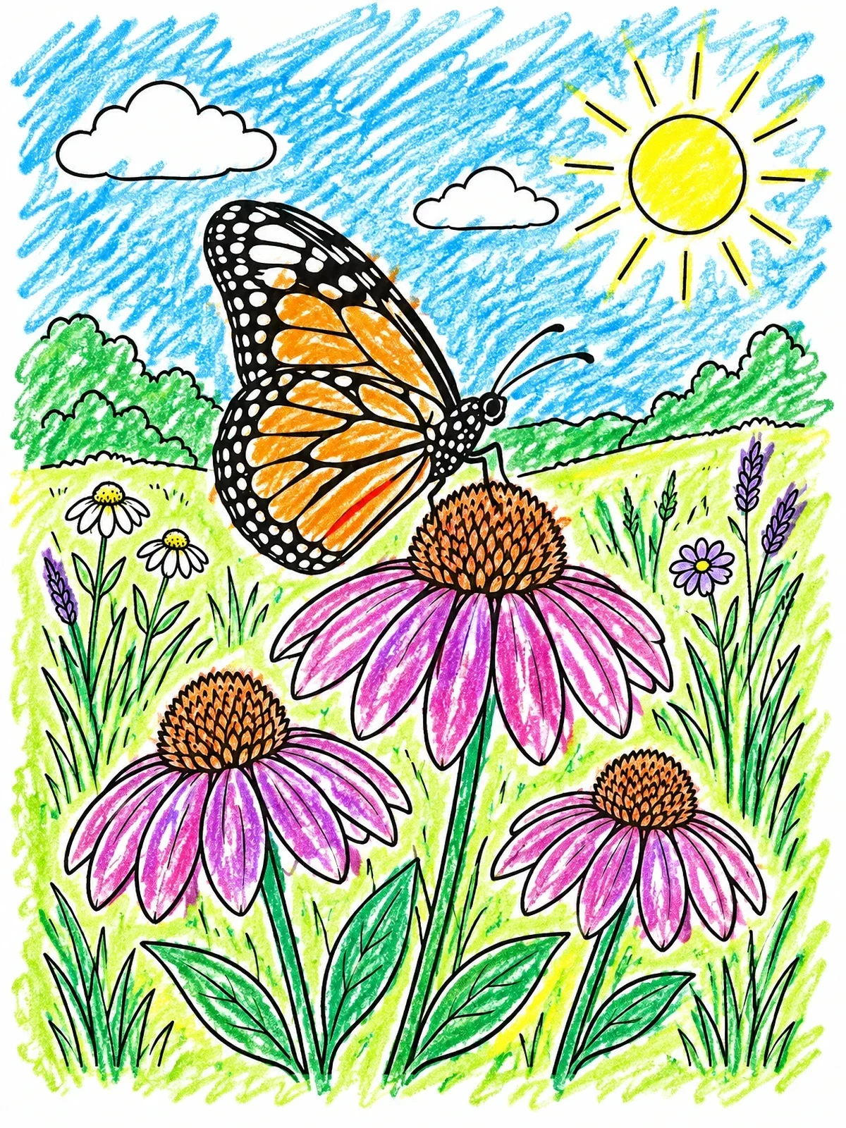 Colored example of the Monarch Butterfly On Coneflower Meadow coloring page