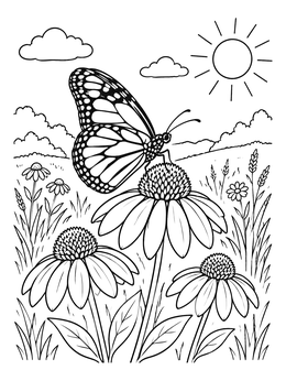 Free printable Monarch Butterfly On Coneflower Meadow coloring page