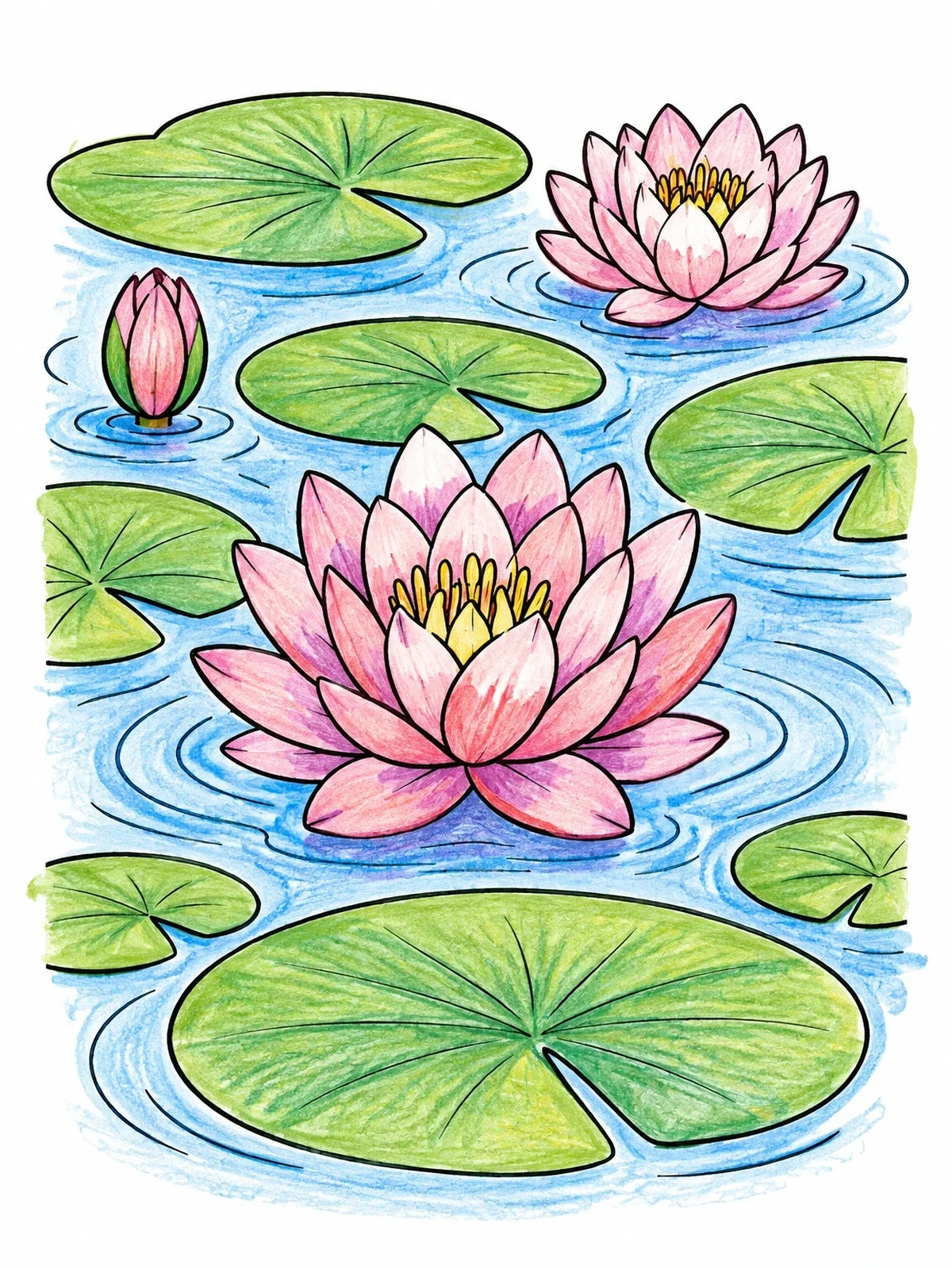 Colored example of the Blooming Water Lilies On Pond coloring page