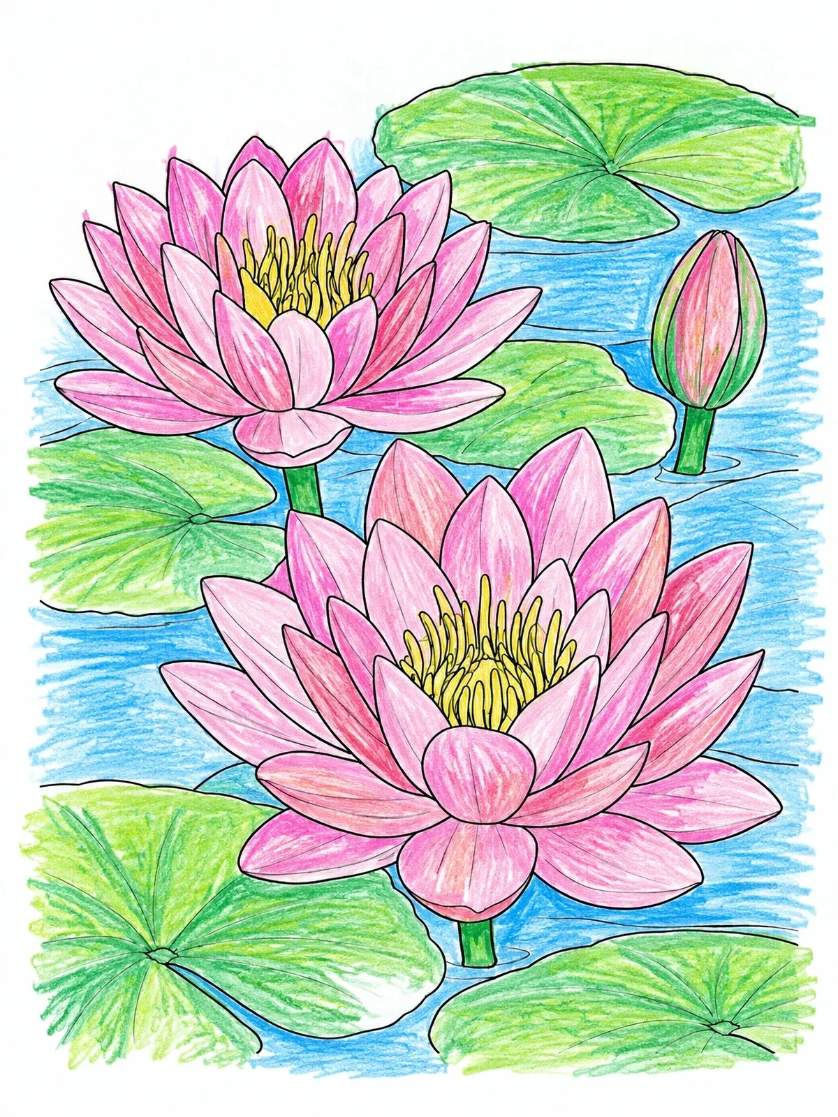 Colored example of the Blooming Water Lilies On The Pond coloring page