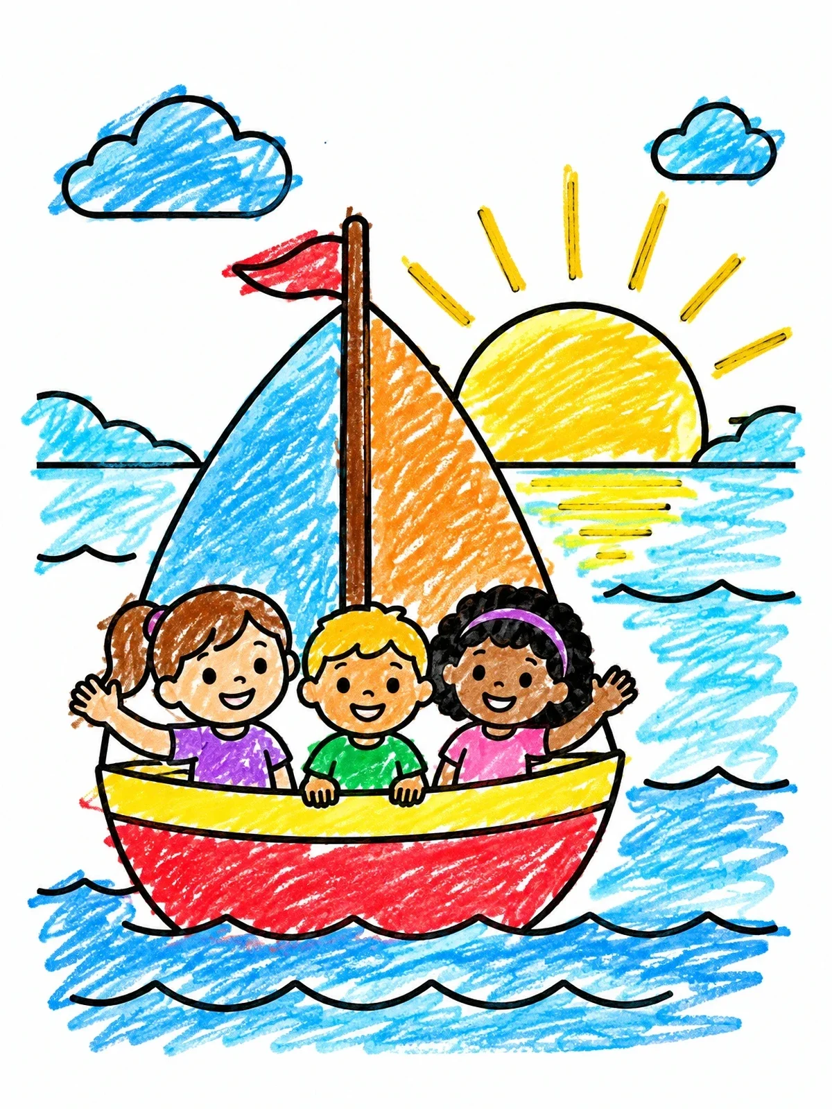 Colored example of the Children Sailing At Sunrise coloring page