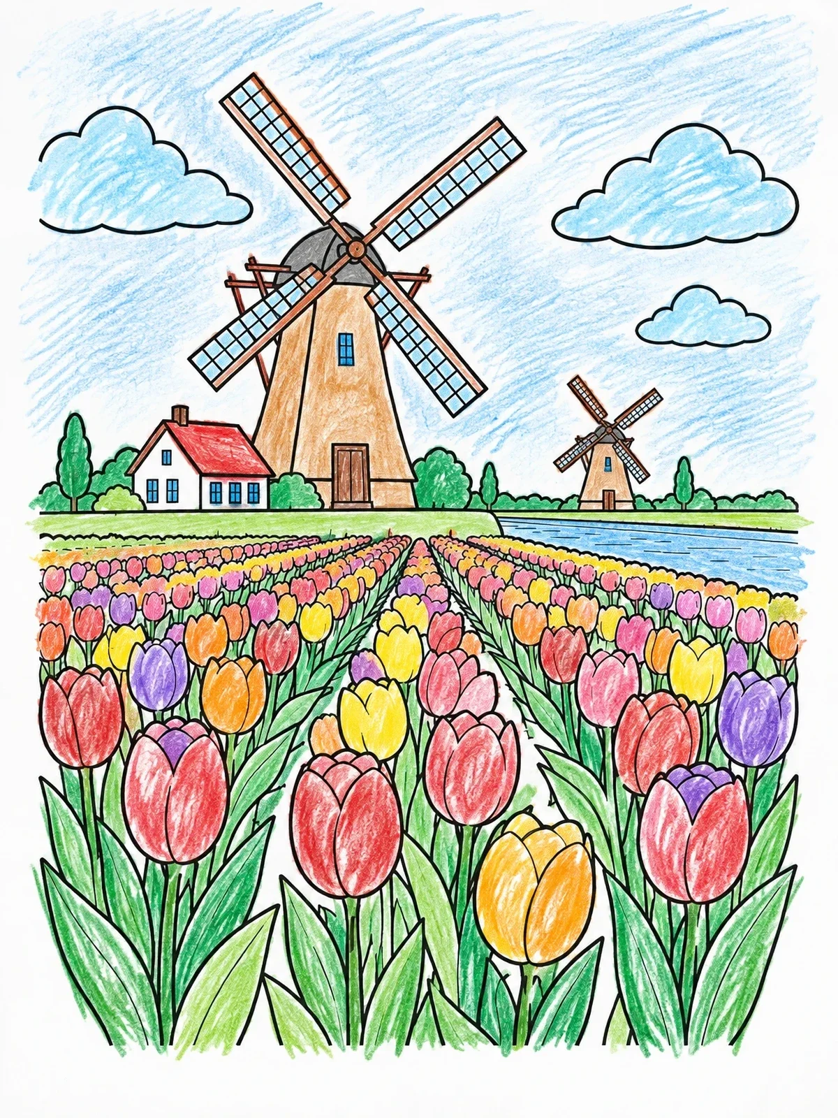 Colored example of the Dutch Windmills And Tulip Fields coloring page