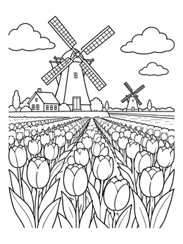 Free printable Dutch Windmills And Tulip Fields coloring page