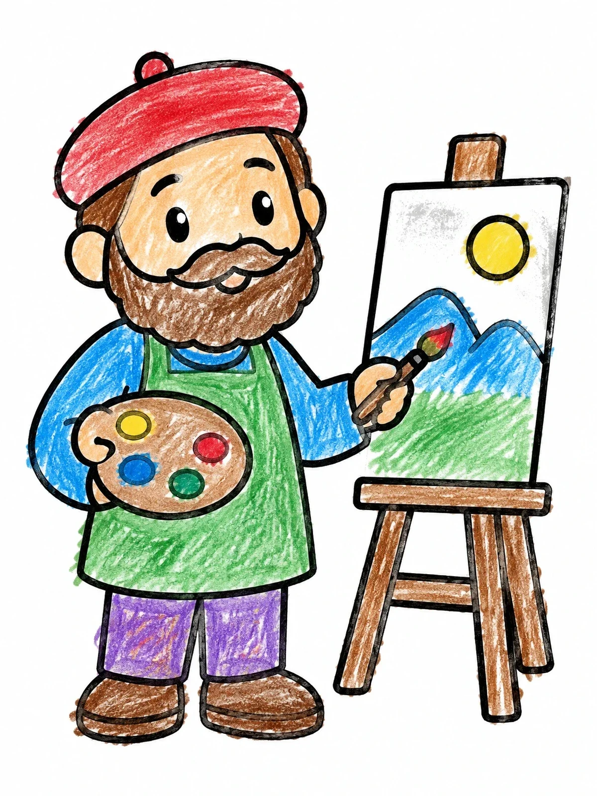 Colored example of the Friendly Artist Painting On Canvas coloring page