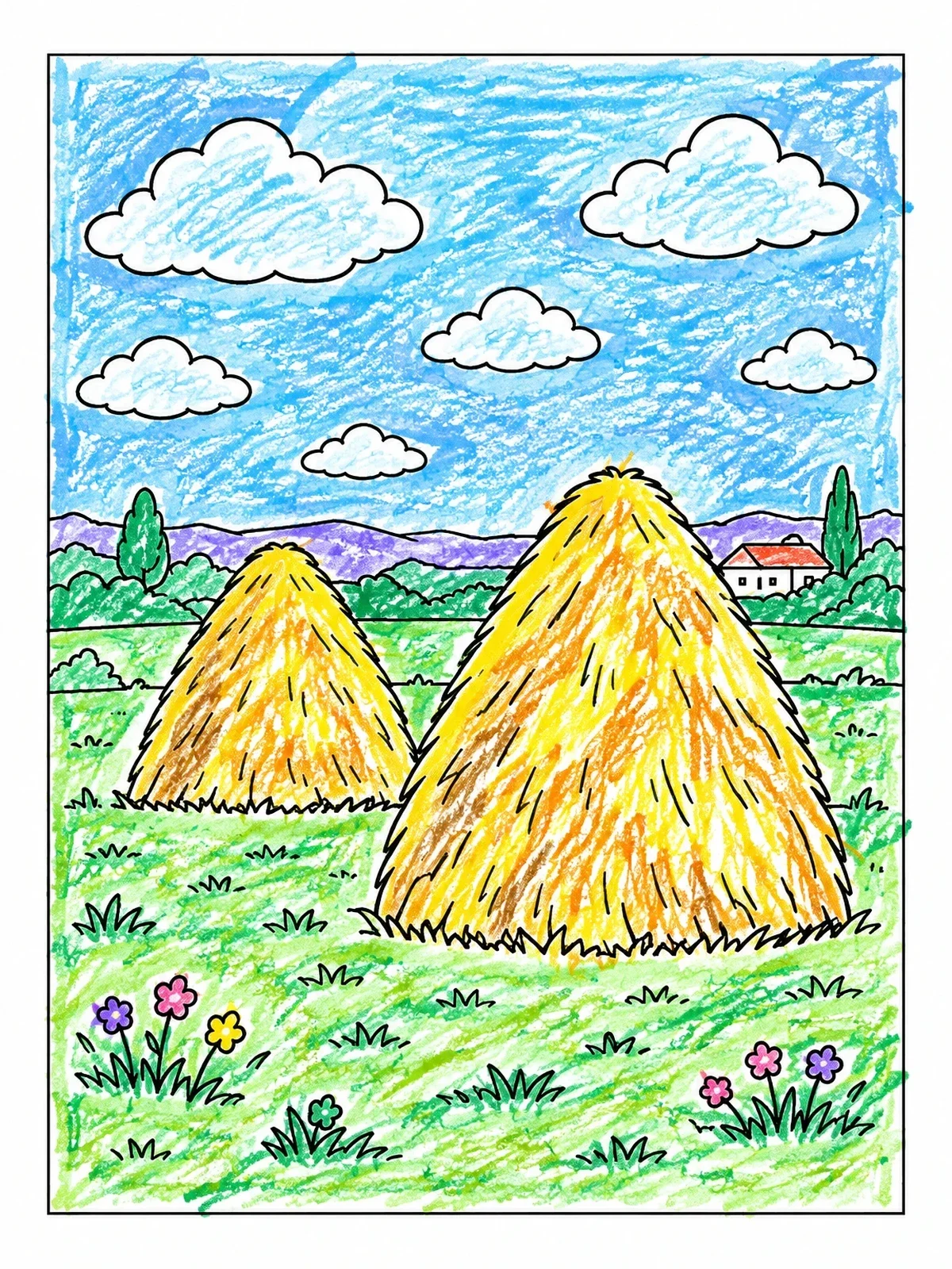 Colored example of the Monet Haystacks In Countryside Field coloring page